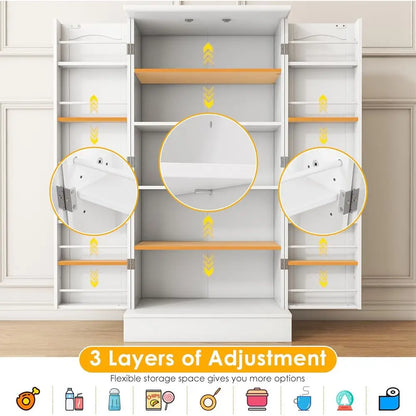 White Freestanding Kitchen Pantry Cabinet with Doors and Adjustable Shelves,