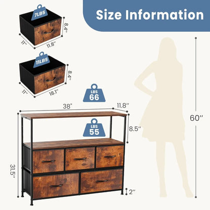 TV Stand with 5 Fabric Drawers, Open Shelf for 45 inch TV,