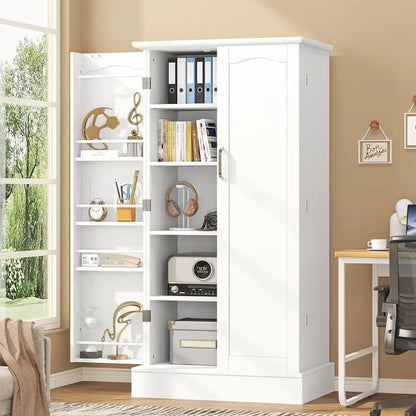White Freestanding Kitchen Pantry Cabinet with Doors and Adjustable Shelves,