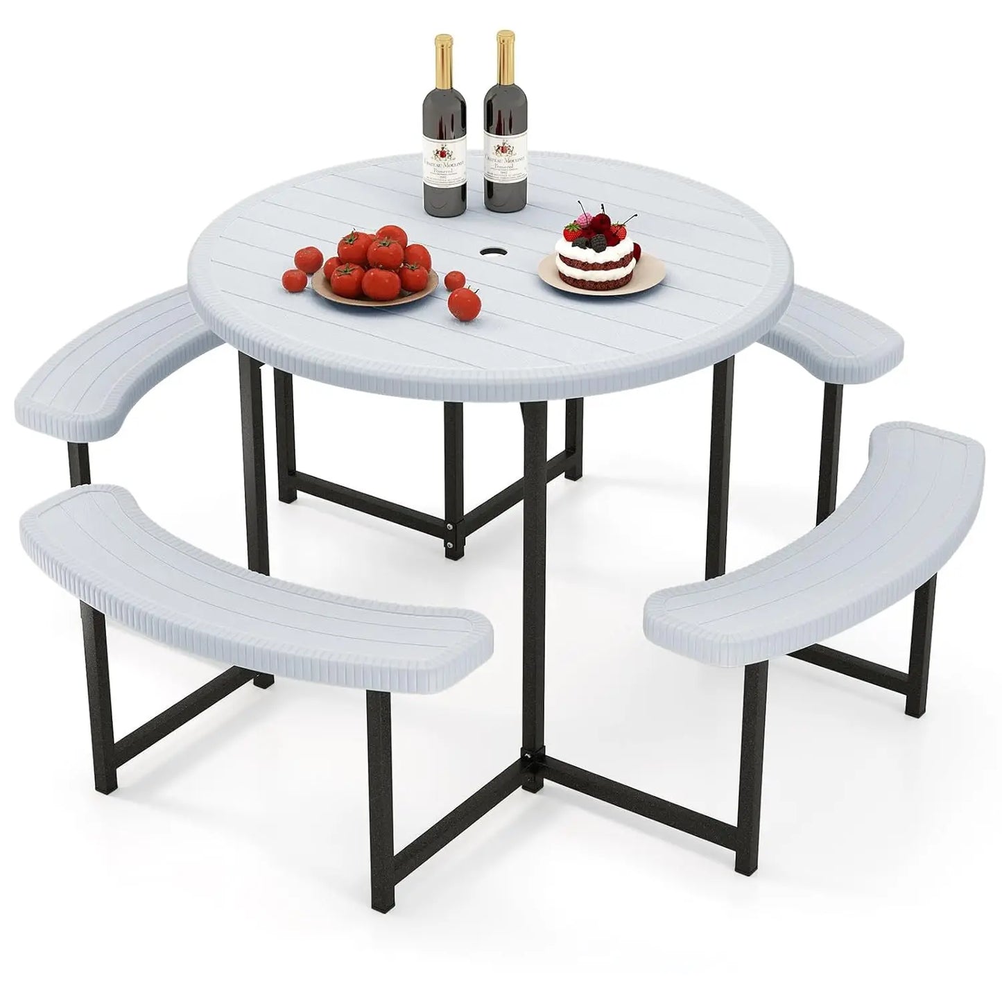 Picnic Table Bench Set for 4-8 Person, Round 37” Outdoor Dining Table w/Umbrella Hole, HDPE Tabletop, Metal Frame,, Customized