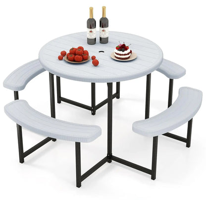 Picnic Table Bench Set for 4-8 Person, Round 37” Outdoor Dining Table w/Umbrella Hole, HDPE Tabletop, Metal Frame,, Customized