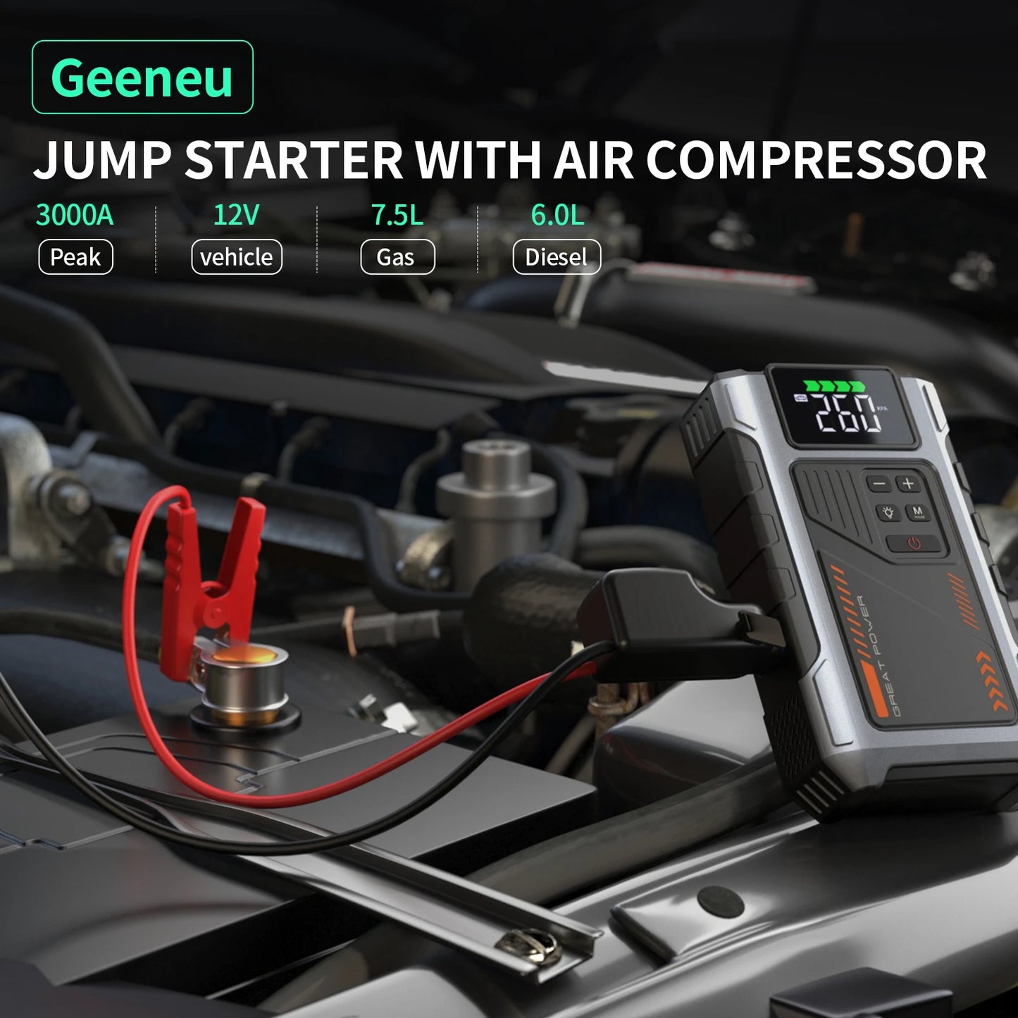Portable Car Jump Starter With Air Compressor, 3000A Peak(7.5L Gas, 6.5L Diesel) , Jump Starter Battery PackWith150 PSl Tire Inf