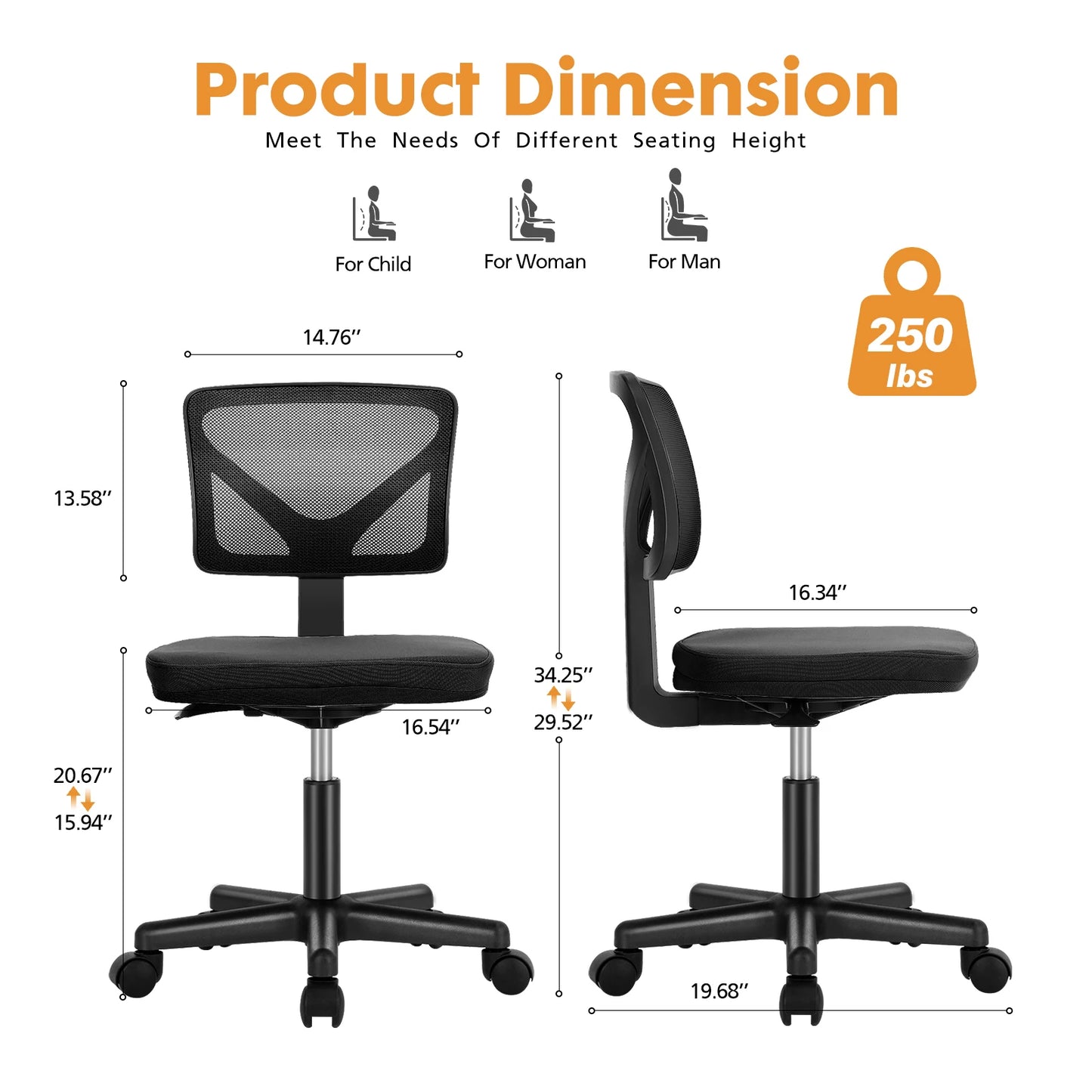 Lumbar Support Armless Low Back with Wheels Adjustable Height 360° Rolling Swivel Computer Chair
