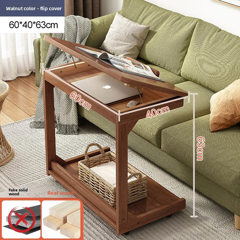 Mobile solid wood coffee table, living room storage rack, living room sofa flip side table, bedroom solid wood bedside table