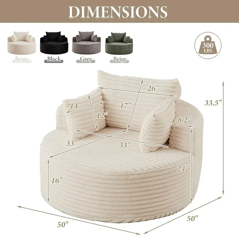 50'' Oversized Round Chaise Lounge Chair, Corduroy Cloud Couch Bed, Comfy Deep Seat, No Assembly, for Living Room, Beige