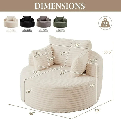 50'' Oversized Round Chaise Lounge Chair, Corduroy Cloud Couch Bed, Comfy Deep Seat, No Assembly, for Living Room, Beige