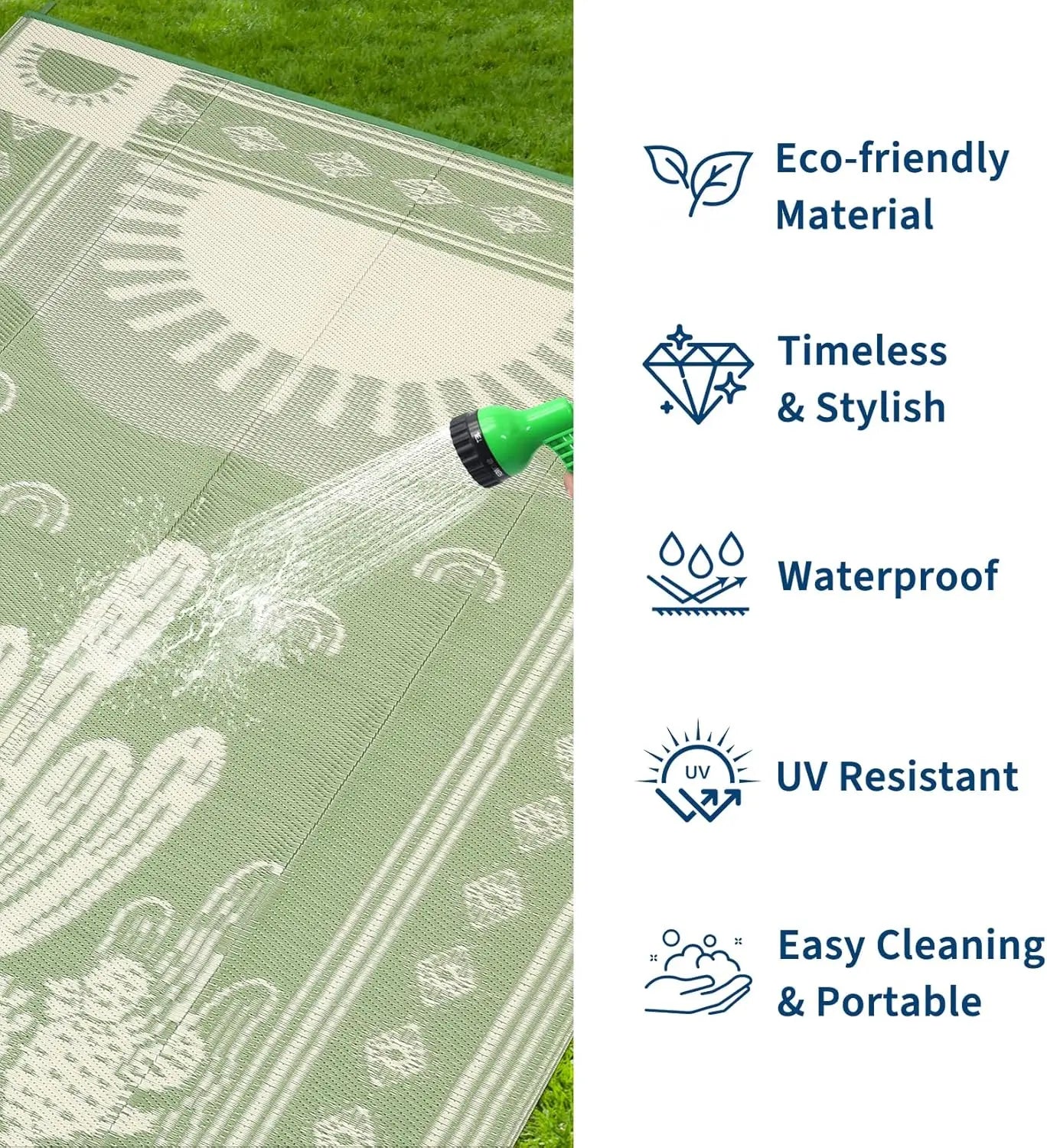 Waterproof Outdoor Rug 5x8, Cactus Botanical Reversible Mat for Camping, RV, Porch, Deck, Backyard, Balcony, Picnic, Sage Green