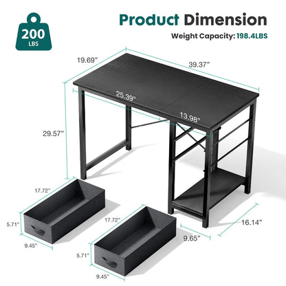 Computer Desk with 2 Drawers For Study Office Gaming Wood Table with Adjustable Position Drawers