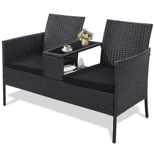 Wicker 2 Seat Patio Loveseat, Outdoor Rattan Loveseat with Table, Washable Cushion Covers, Backyard, Garden, Lawn,, Customized