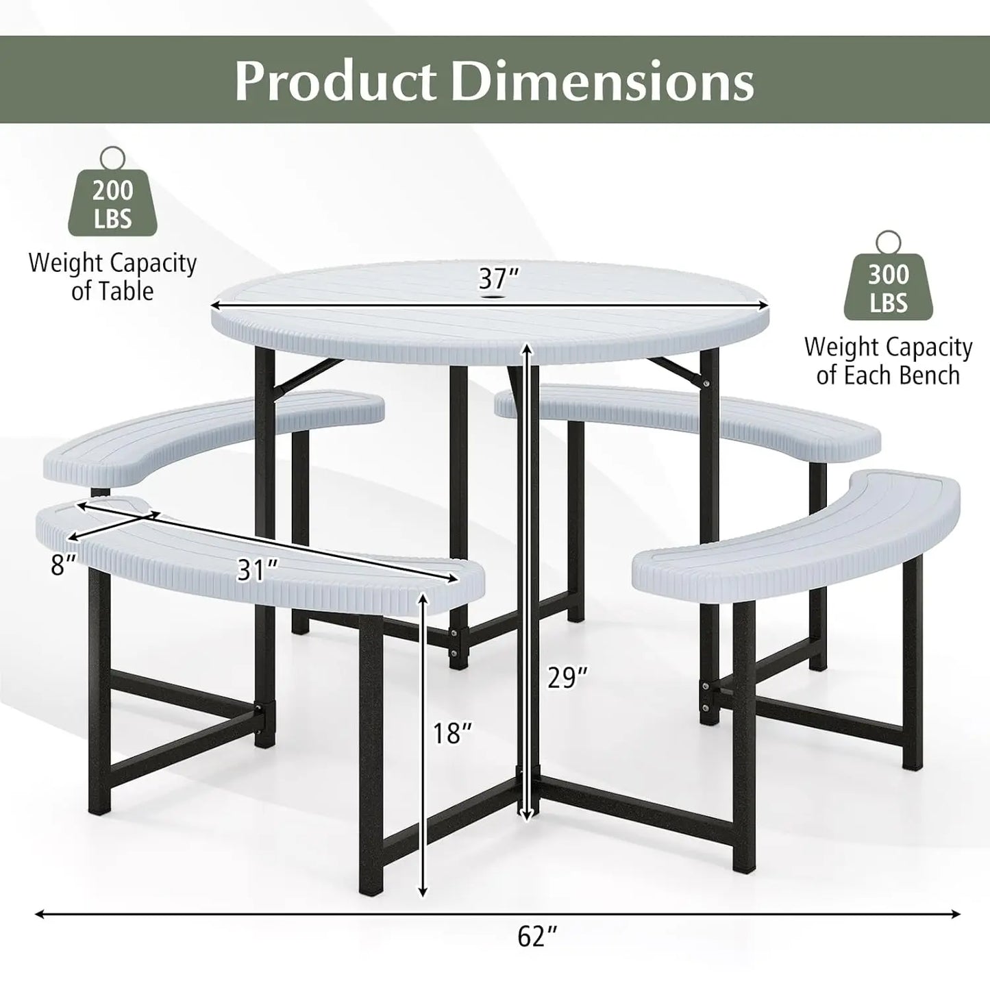 Picnic Table Bench Set for 4-8 Person, Round 37” Outdoor Dining Table w/Umbrella Hole, HDPE Tabletop, Metal Frame,, Customized