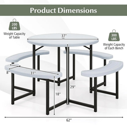 Picnic Table Bench Set for 4-8 Person, Round 37” Outdoor Dining Table w/Umbrella Hole, HDPE Tabletop, Metal Frame,, Customized