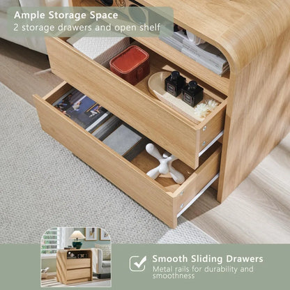 Modern 25 Inch Tall Nightstand with Charging Station, 23.6 Inch Wide Wood Side Table with Two Drawers, Large Mid-Century End Tab
