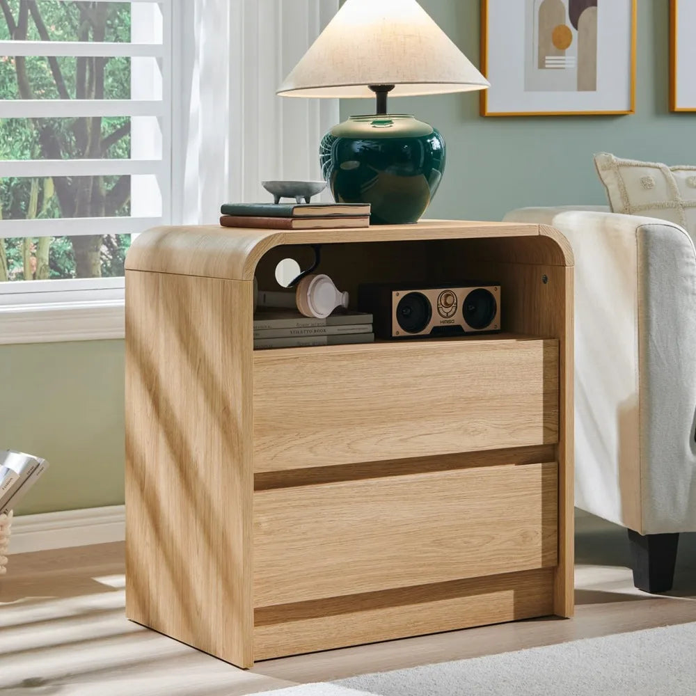Modern 25 Inch Tall Nightstand with Charging Station, 23.6 Inch Wide Wood Side Table with Two Drawers, Large Mid-Century End Tab