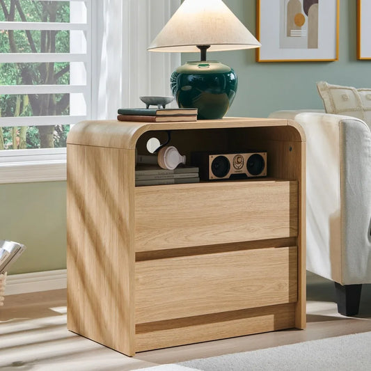 Modern 25 Inch Tall Nightstand with Charging Station, 23.6 Inch Wide Wood Side Table with Two Drawers, Large Mid-Century End Tab