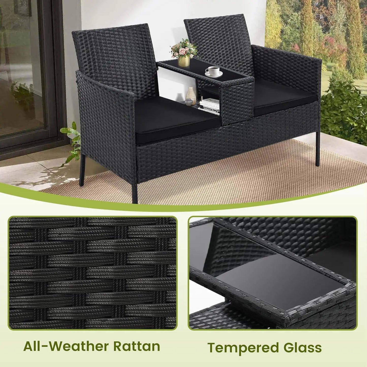 Wicker 2 Seat Patio Loveseat, Outdoor Rattan Loveseat with Table, Washable Cushion Covers, Backyard, Garden, Lawn,, Customized