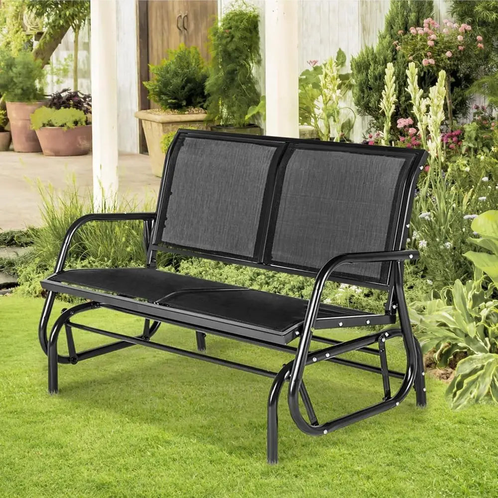 2 Person Outdoor Patio Glider Bench, Powder Coated Steel, Ideal for Backyard, Garden, Balcony (Black)