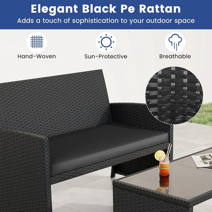 4 Pieces Patio Wicker Furniture Set, Outdoor Heavy Duty Rattan Cushioned Chairs, Loveseat and Tempered Glass Coffee, Customized