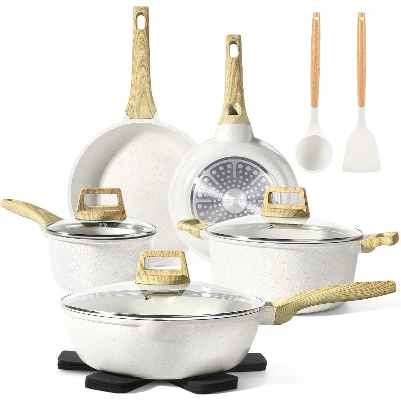 Pots and Pans Set Non Stick - 14 Pcs White Granite Kitchen Cookware Sets Nonstick Induction Cookware Cooking Pan Set with F