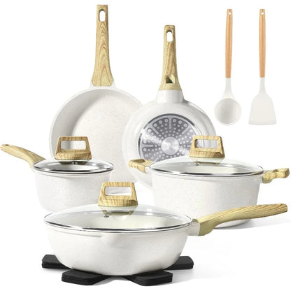 Pots and Pans Set Non Stick - 14 Pcs White Granite Kitchen Cookware Sets Nonstick Induction Cookware Cooking Pan Set with F