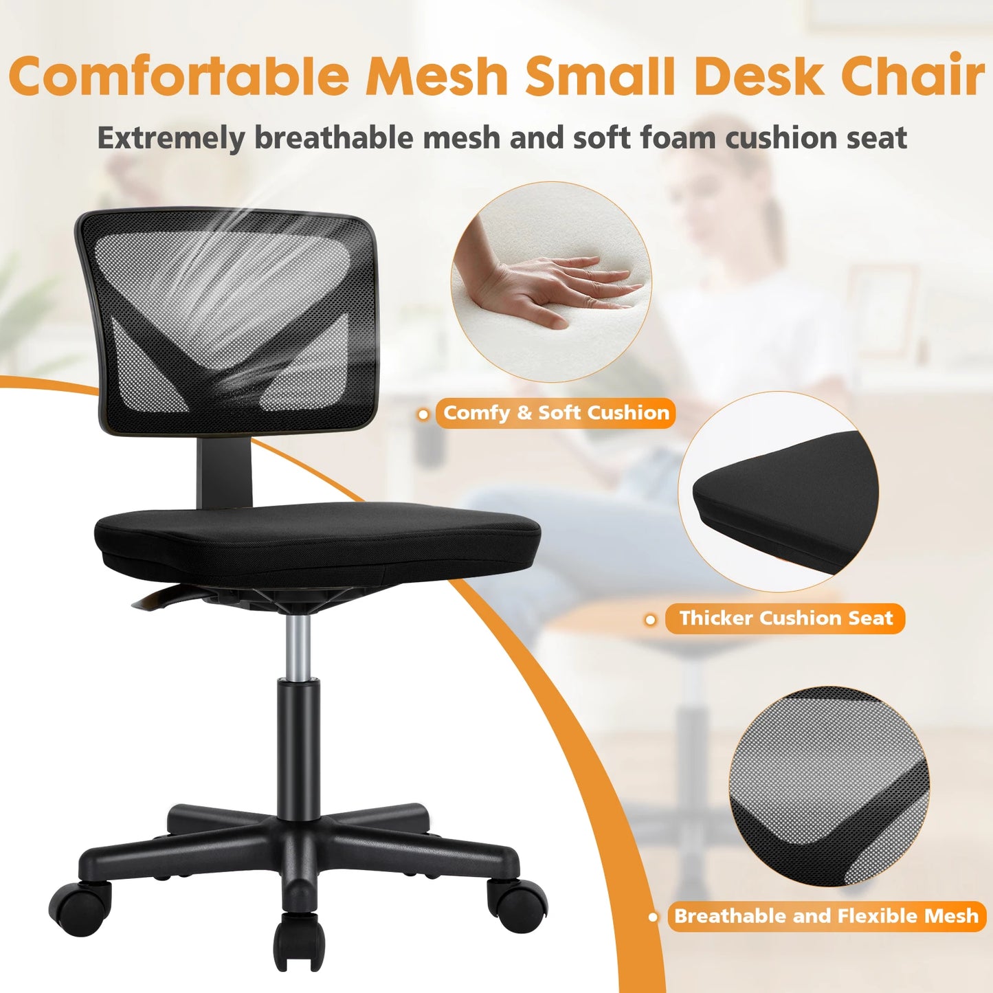 Lumbar Support Armless Low Back with Wheels Adjustable Height 360° Rolling Swivel Computer Chair