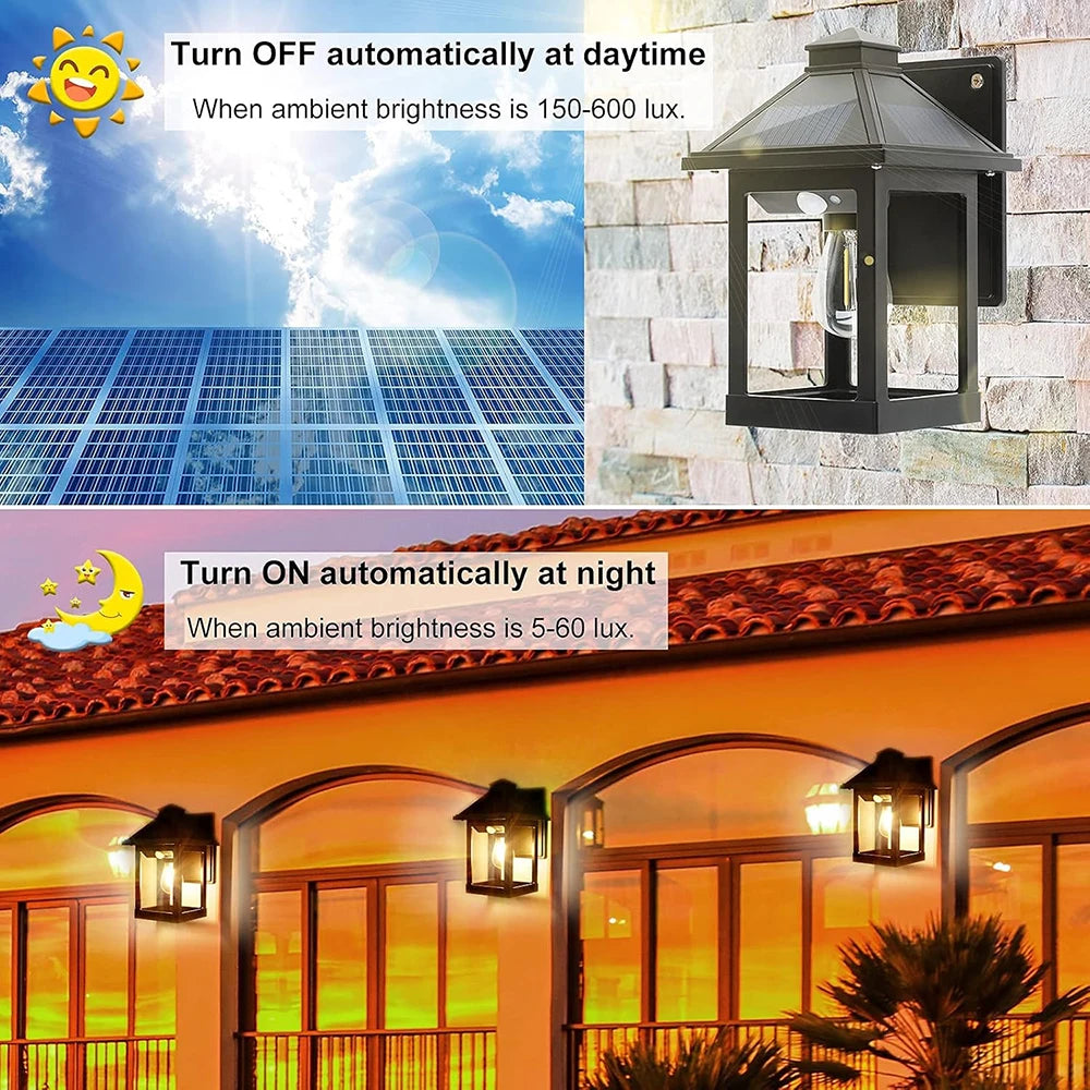 2pcs Solar Powered Wall Lanterns with 3 Modes Dusk to Dawn Motion Sensor