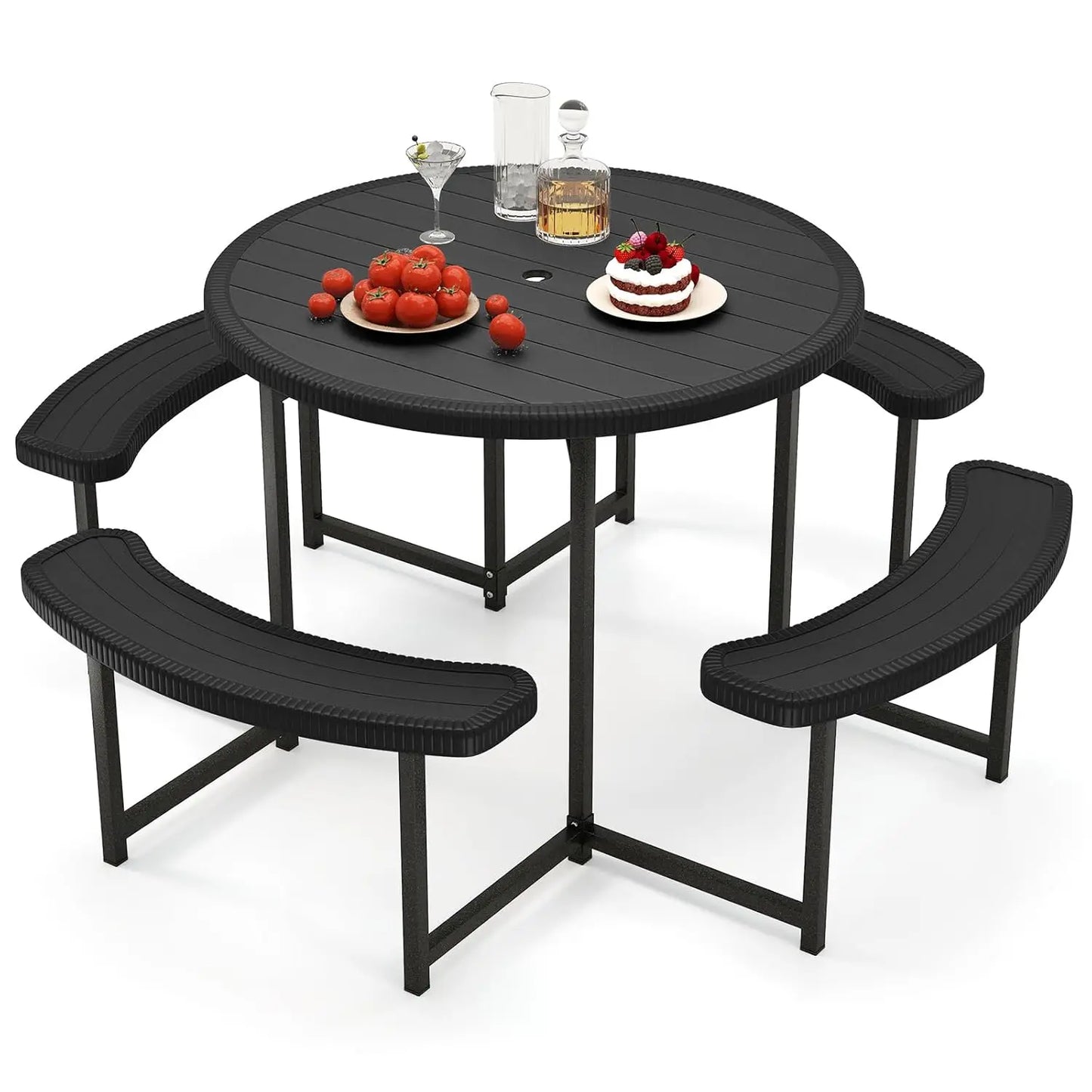 Picnic Table Bench Set for 4-8 Person, Round 37” Outdoor Dining Table w/Umbrella Hole, HDPE Tabletop, Metal Frame,, Customized