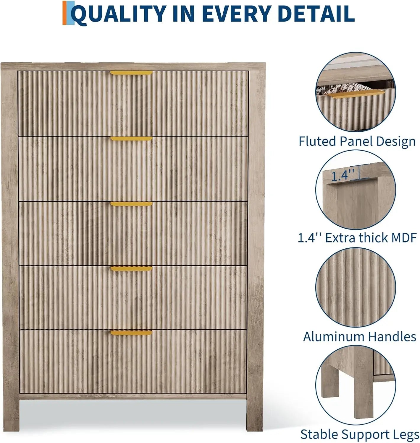 5 Drawers Oak Tall Wooden Dressers with Gold Handles for Closet Storage Cabinet Organizer Drawers for Living Room Bedroom