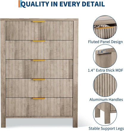 5 Drawers Oak Tall Wooden Dressers with Gold Handles for Closet Storage Cabinet Organizer Drawers for Living Room Bedroom