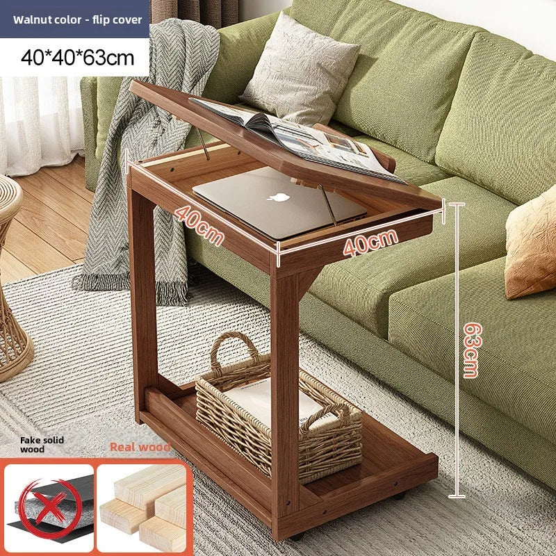 Mobile solid wood coffee table, living room storage rack, living room sofa flip side table, bedroom solid wood bedside table