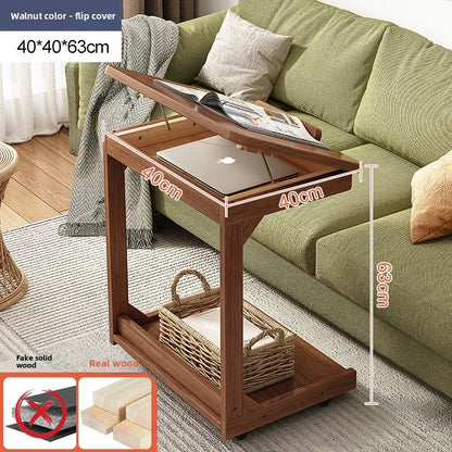 Mobile solid wood coffee table, living room storage rack, living room sofa flip side table, bedroom solid wood bedside table