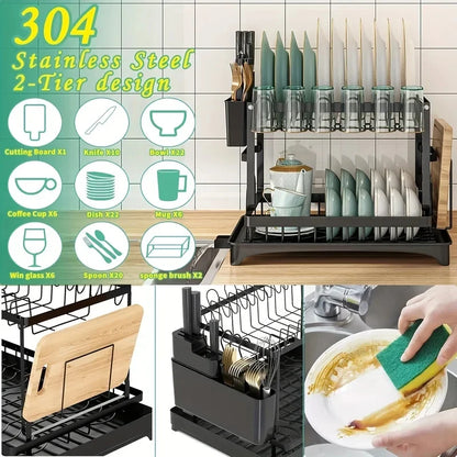 Multifunctional Countertop Dish Rack Kitchen Drain Storage Organizer with Cup Knife Chopsticks Holder New for Home Kitchen Use