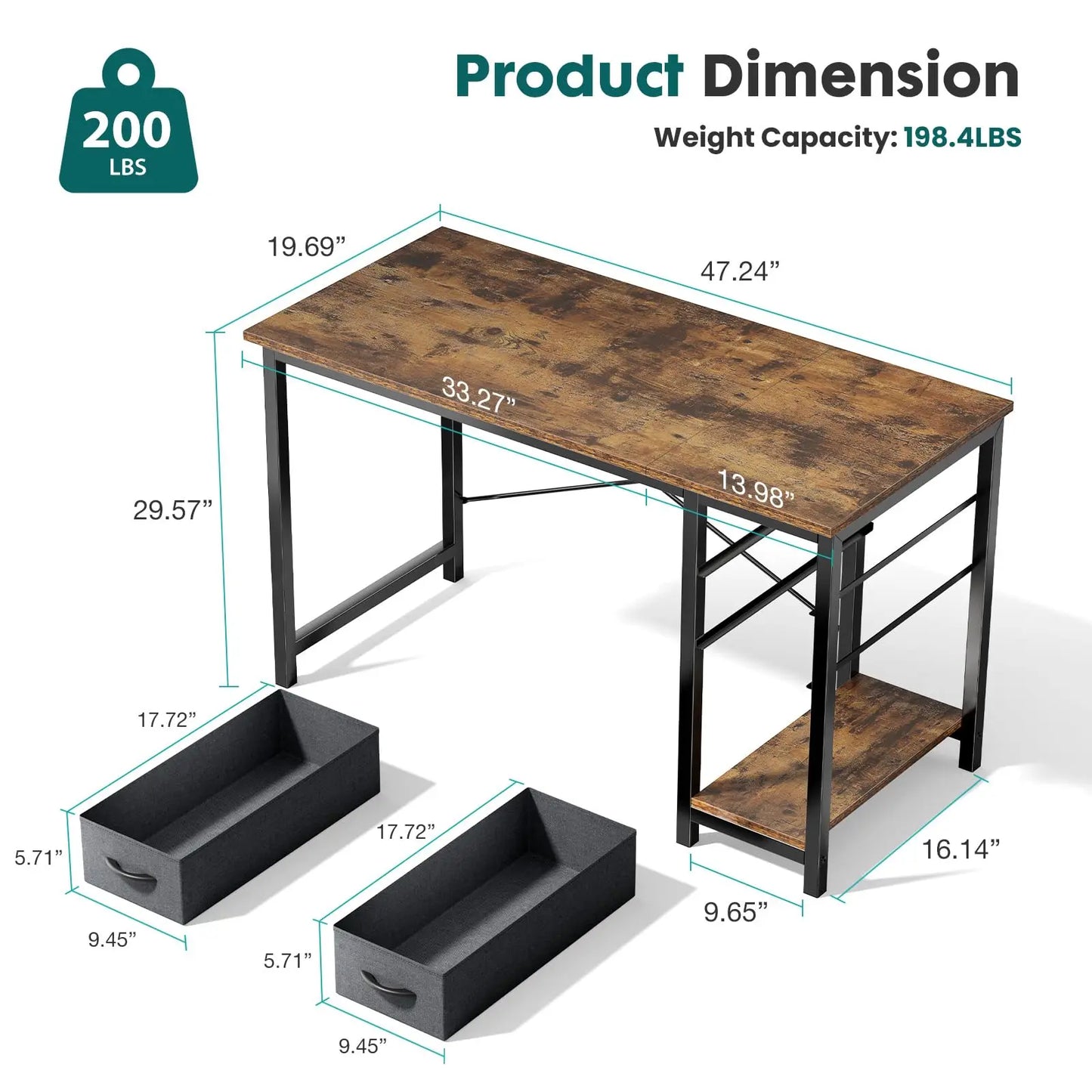 Computer Desk with 2 Drawers For Study Office Gaming Wood Table with Adjustable Position Drawers