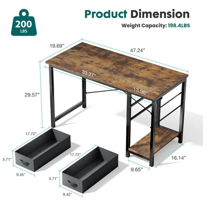 Computer Desk with 2 Drawers For Study Office Gaming Wood Table with Adjustable Position Drawers