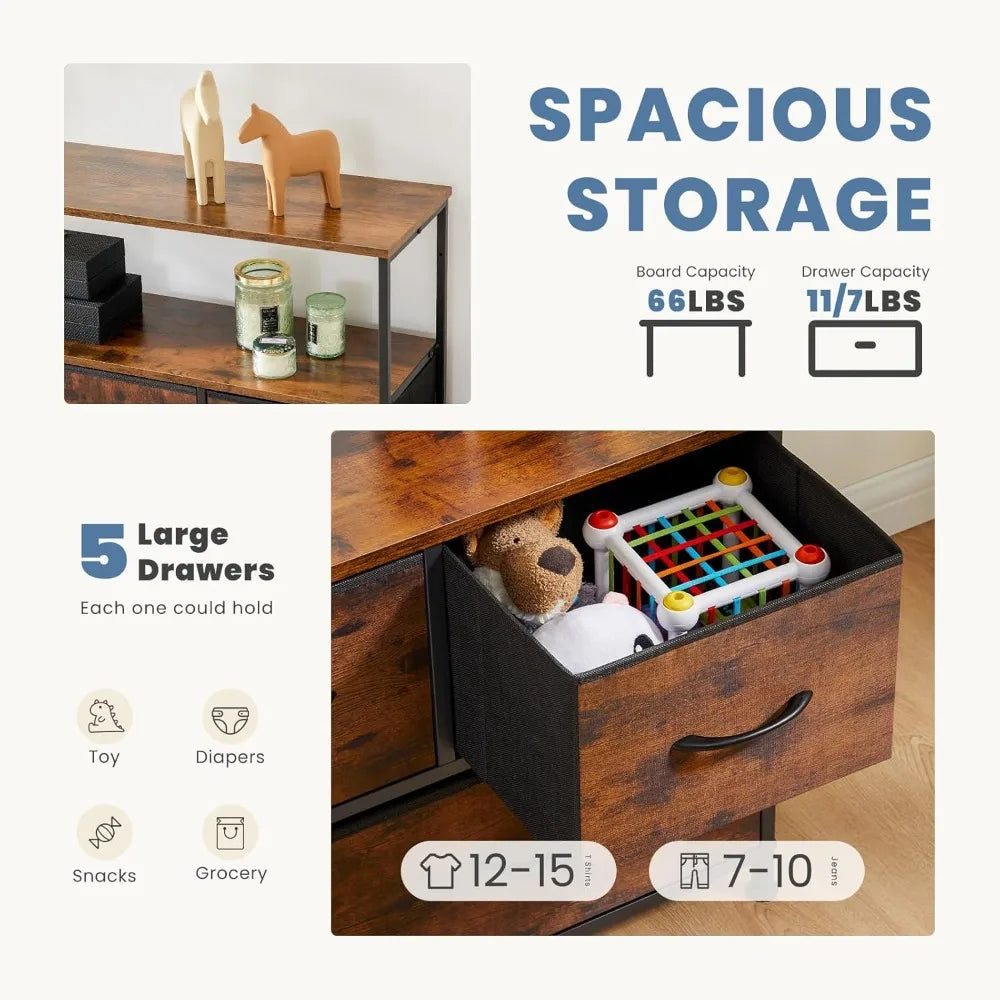 TV Stand with 5 Fabric Drawers, Open Shelf for 45 inch TV,