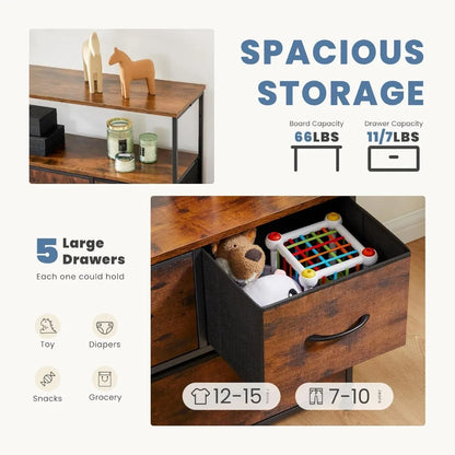 TV Stand with 5 Fabric Drawers, Open Shelf for 45 inch TV,