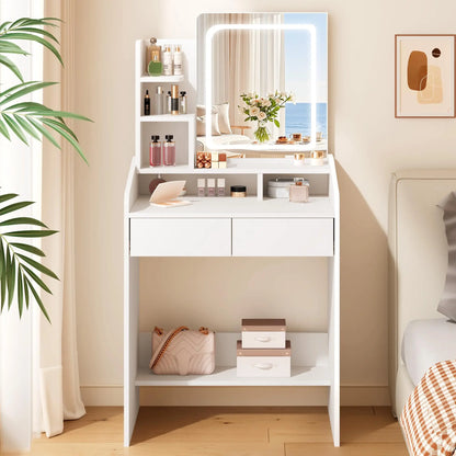 Small Makeup Vanity Desk with LED Mirror & Drawers - White Compact Dressing Table for Bedroom, 2 Drawers