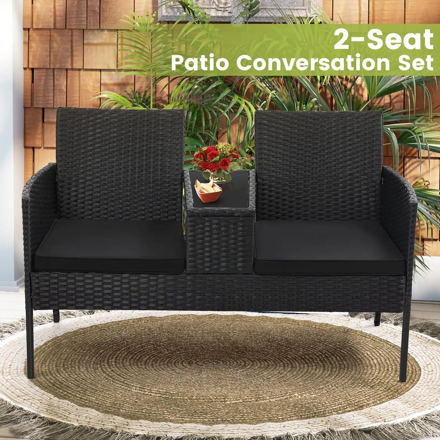 Wicker 2 Seat Patio Loveseat, Outdoor Rattan Loveseat with Table, Washable Cushion Covers, Backyard, Garden, Lawn,, Customized