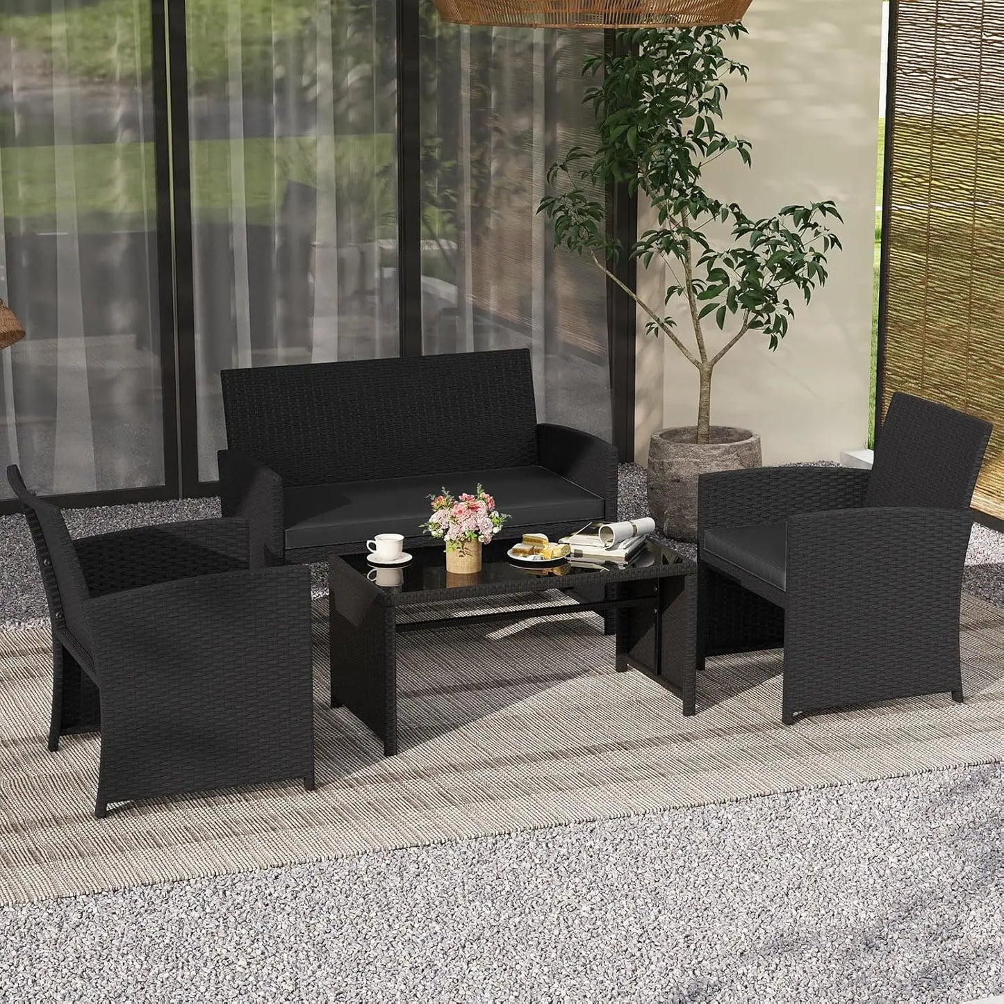 4 Pieces Patio Wicker Furniture Set, Outdoor Heavy Duty Rattan Cushioned Chairs, Loveseat and Tempered Glass Coffee, Customized