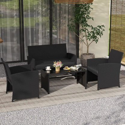 4 Pieces Patio Wicker Furniture Set, Outdoor Heavy Duty Rattan Cushioned Chairs, Loveseat and Tempered Glass Coffee, Customized