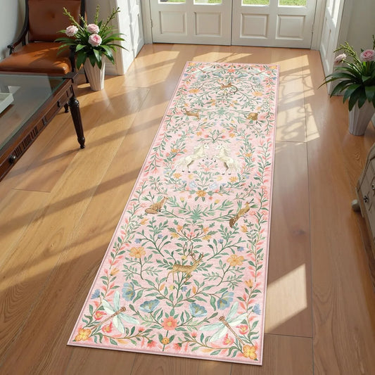 Bug Flower Theme Runner Rug Light Teal Blue Tone Insect Pattern Light Vintage Style Ideal for Nature Themed Home Hallway Deco