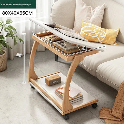 Mobile solid wood coffee table, living room storage rack, living room sofa flip side table, bedroom solid wood bedside table
