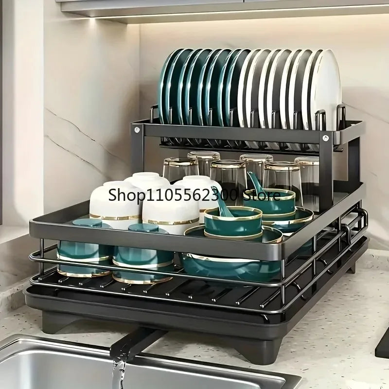 Double-Tier Extendable Dish Drainer – Large-Capacity Utensil Rack & Draining Board for Kitchen Worktops