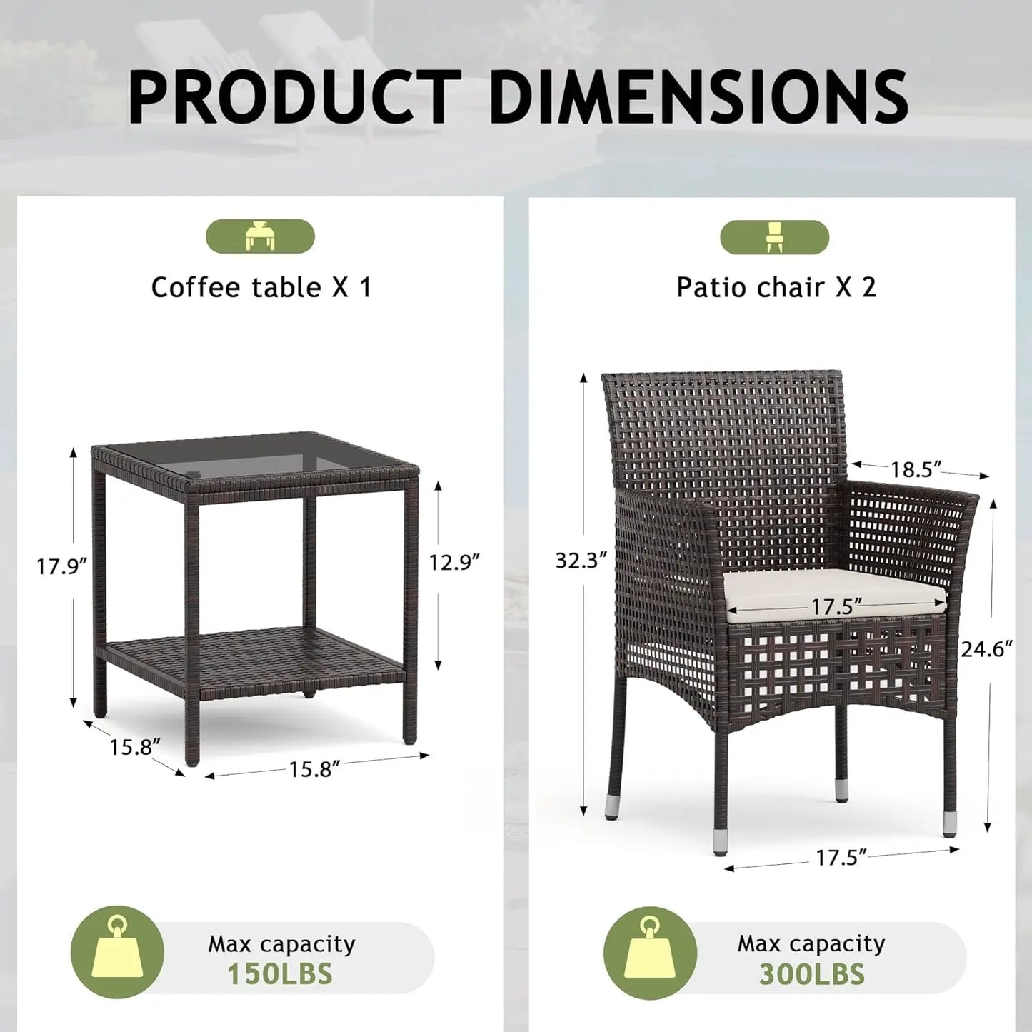 Outdoor 3 Piece Patio Furniture Set Wicker Chairs with Glass-top Coffee Table for Garden, Balcony, and Porch (Brown), Customized