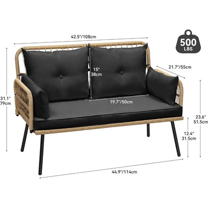 Patio urniture Wicker Outdoor Loveseat, All-Weather Rattan Contion or Backyard, Balcony and Deck with Sot Cushions (Light Brown+