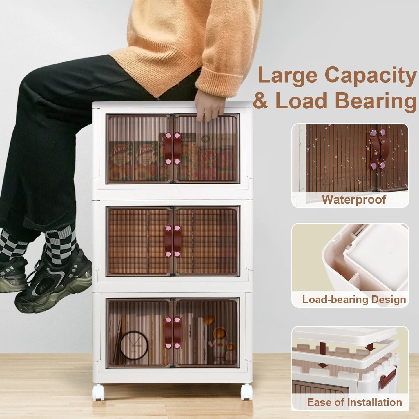Lids and Doors, 3 Tilers of 8.8Gal Stack-able Bins with Wheels