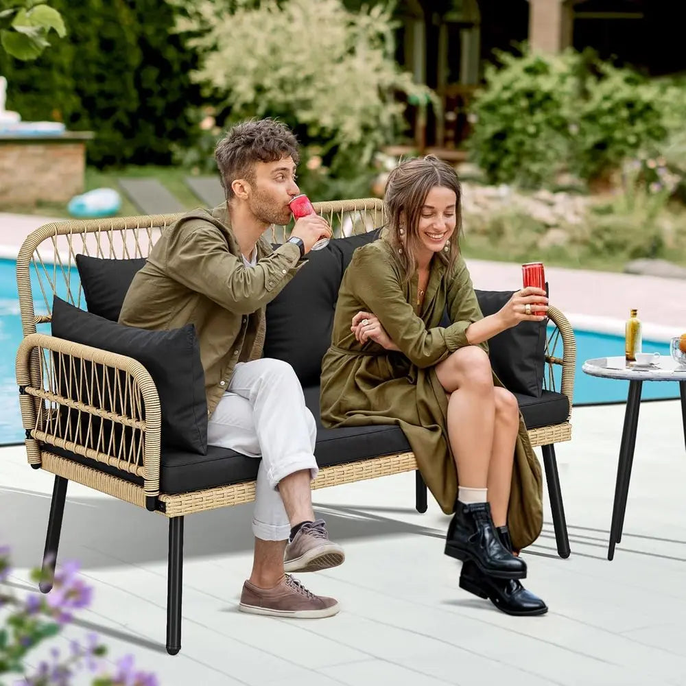 Patio urniture Wicker Outdoor Loveseat, All-Weather Rattan Contion or Backyard, Balcony and Deck with Sot Cushions (Light Brown+