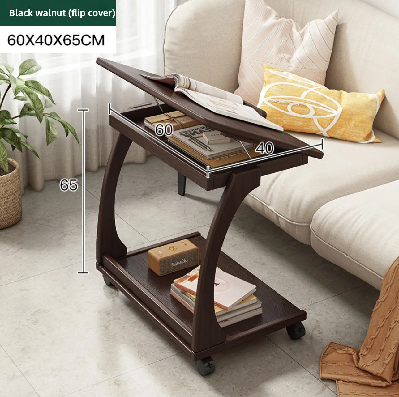 Mobile solid wood coffee table, living room storage rack, living room sofa flip side table, bedroom solid wood bedside table
