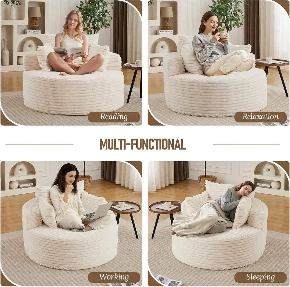 50'' Oversized Round Chaise Lounge Chair, Corduroy Cloud Couch Bed, Comfy Deep Seat, No Assembly, for Living Room, Beige