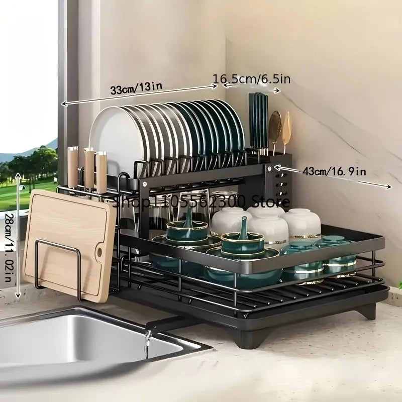 Double-Tier Extendable Dish Drainer – Large-Capacity Utensil Rack & Draining Board for Kitchen Worktops