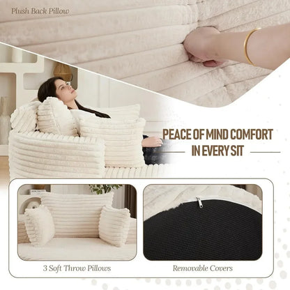 50'' Oversized Round Chaise Lounge Chair, Corduroy Cloud Couch Bed, Comfy Deep Seat, No Assembly, for Living Room, Beige